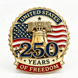 Épinglette patriotique en métal plaqué or, émail dur circulaire, alliage de zinc, 250 ans de liberté aux États-Unis - Product Image 1