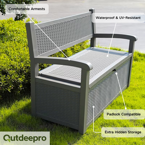 Banc de jardin extérieur moderne 2 <span class=keywords><strong>en</strong></span> 1 et chaises de rangement avec cadre <span class=keywords><strong>en</strong></span> résine plastique, imperméable et léger - Product Image 5