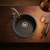 Évier de cuisine en quartz noir de haute qualité homologué CE, avec tablier, cuve simple, égouttoir et un trou pour robinet (sans robinet)