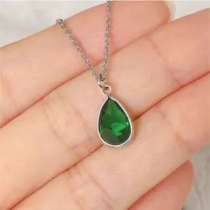 Luxury Pear Gemstone Collarbone Necklace For Women Silver Copper Chain Water Drop Emerald Crystal Pendant Necklace