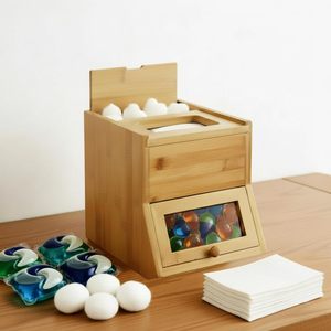 Bamboo Double Layer Laundry Pod <b>Storage</b> <b>Box</b> With <b>Drawer</b> Tissue Holder Rectangular Household Dustproof Organizer - Product Image 1
