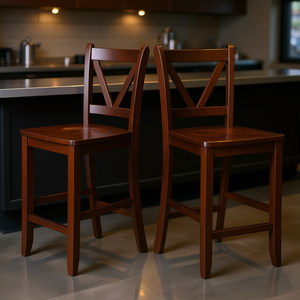 Juego de 2 Taburetes de Bar Victor de 24 Pulgadas con Respaldo en V, Madera, Diseño Tradicional Moderno, Muebles de Bar - Product Image 2