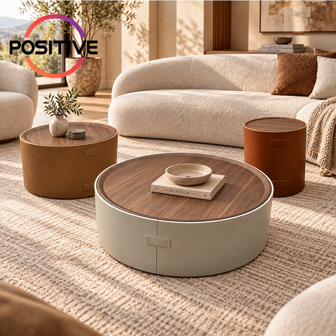 Round saddle leather coffee table set