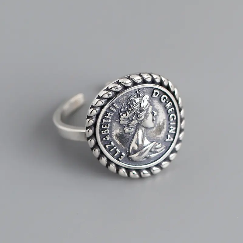 Vintage Tai Silver Round Elizabeth Portrait Open Rings Sterling Silver 925 Queen Head Coin Rings For Girls
