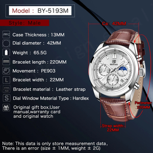 Reloj Cronógrafo Mecánico de Acero Inoxidable BENYAR5193 para Hombre, Diseño de Lujo, Esfera de 41 mm, Números Romanos, Resistente al Agua 3BAR - Product Image 3
