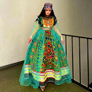 Robes décontractées pour femmes de haute qualité, à manches longues, en mousseline de soie, brodées à la main avec des miroirs, style ethnique vintage afghan Kuchi - Product Image 1