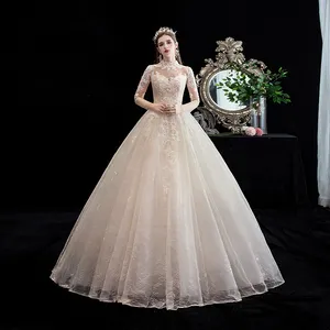 2019 Autumn New arrival Elegant Champagne lace Long Sleeve Plus size high neck Floor Length Bridal Wedding Dress