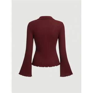 Chemise à manches longues décontractée pour femme, col boutonné en tricot, col en V - Product Image 4