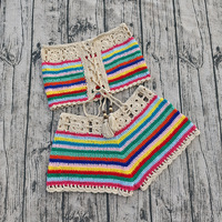 Set Bikini Rajut Dua Warna, Tube Top dan Celana Pendek Boyleg, Ukuran S-L