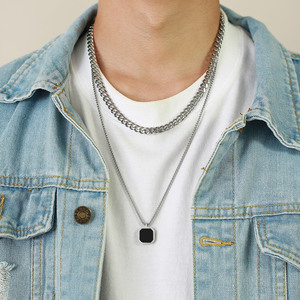 Collier pour homme en acier inoxydable plaqué argent imperméable, chaîne à maillons croisés, pendentif carré en époxy noir pour tenues quotidiennes - Product Image 5