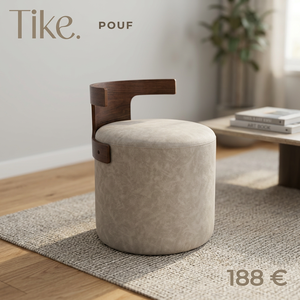 Pouf moderne rembourré, siège rond avec dossier en bois, tabouret de loisirs pour chambre, hôtel, salon - Product Image 2