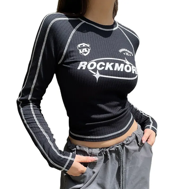 Streetwear Y2k imprimé à manches longues t-shirt mince haut court côtelé col rond hauts pour femmes à manches longues haut court entraînement