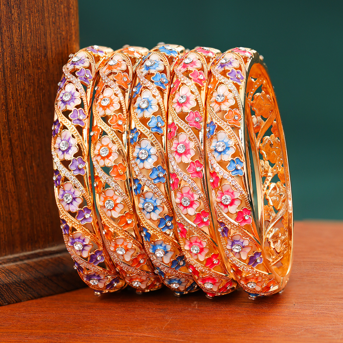 UJOY Cloisonne Bracelet Set - Gold Plated Sunflower Enamel Bangle Bracelets For Women, Gift Boxed