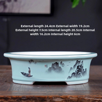 Pot Bunga Bonsai Oval Buatan Tangan Yi Xing Grosir 24,5 cm Pot Porselen Dekoratif Bertema Tanaman Berlapis Biru Putih dengan Drainase