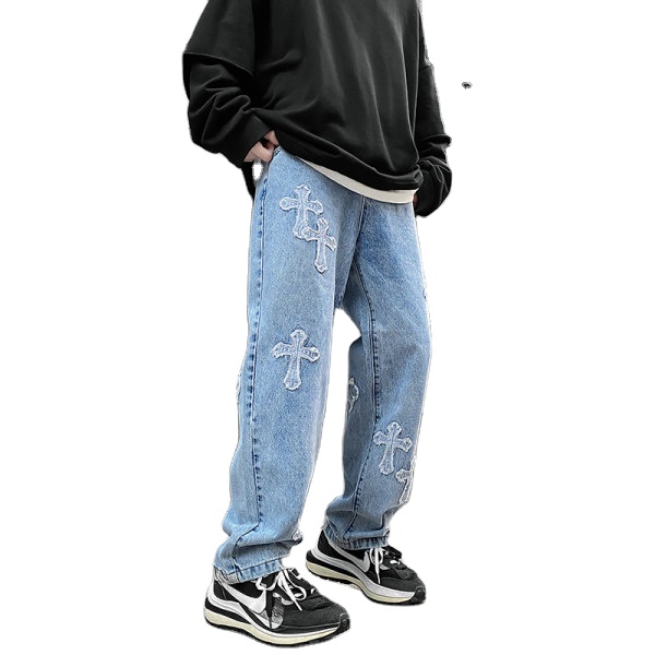 Stock Bulk Damage Jeans Patchedjeans Blue Cross Embroidery Casual
