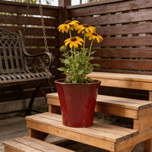 Pot de fleurs en céramique émaillée écologique et durable, rouge bordeaux brillant, design à bord évasé, pour jardin intérieur et extérieur, avec trou de drainage, pour la maison - Product Image 1