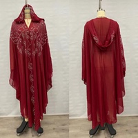 Gaun Jubah Muslim Wanita Musim Panas Timur Tengah Afrika, Berhias Batu Rhinestone, Bahan Poliester, Model Cape Berkerudung