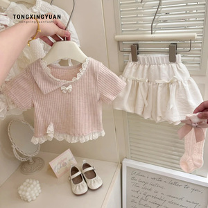 Tongxingyuan Girls Summer Set Pink Short Sleeve T-Shirt Tutu Pants Two Piece Breathable Korean Style - Product Image 1