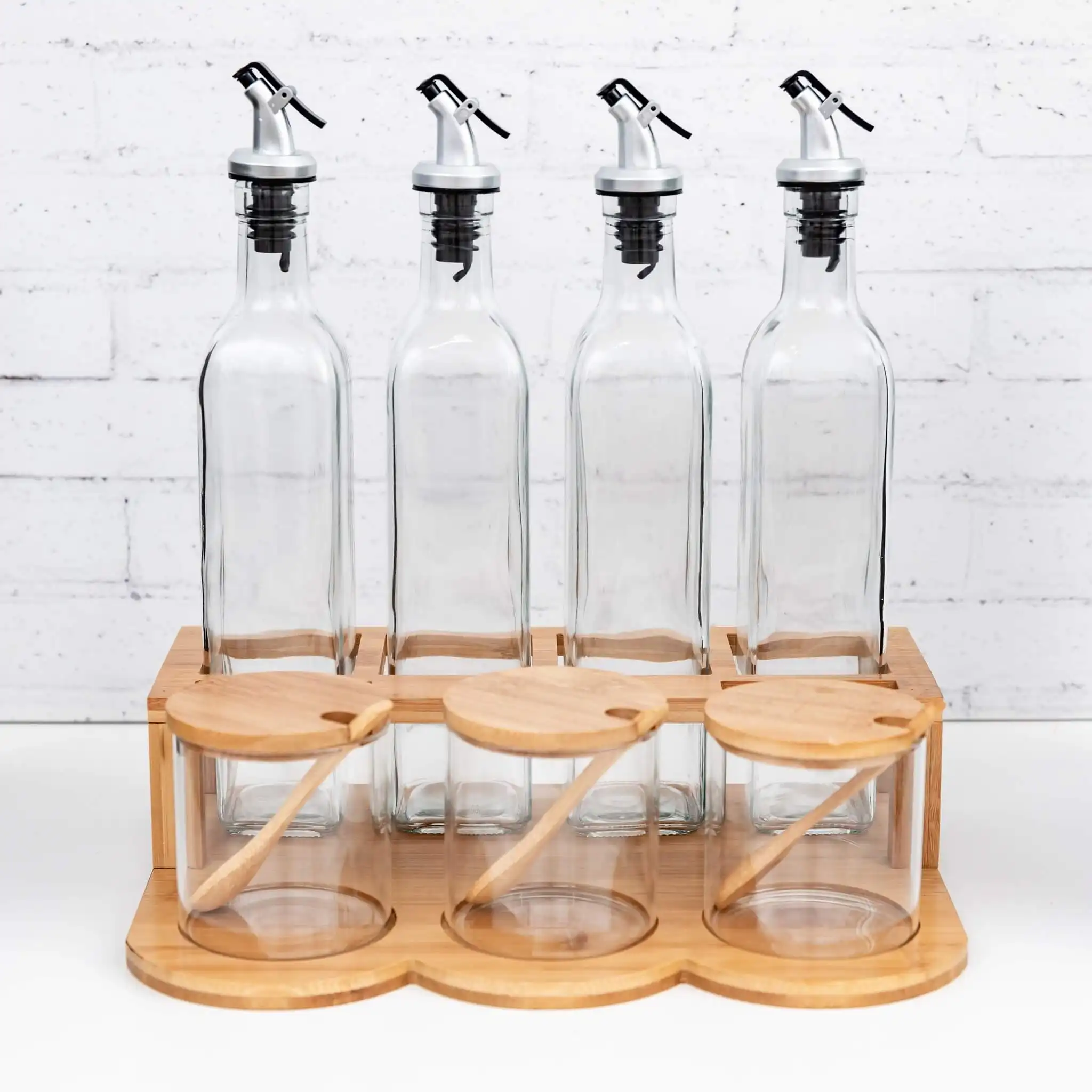 Großhandel Pantry Küche Aufbewahrung sset mit Olivenöl Essig Flasche Boro silikat glas Kanister Aufbewahrung sglas Rack Organizer