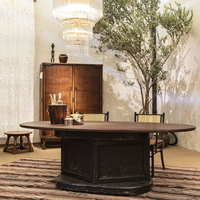 Table de bar ovale moderne en surface solide, base noire vieillie, aspect bois, meubles pour la maison et l'hôtel