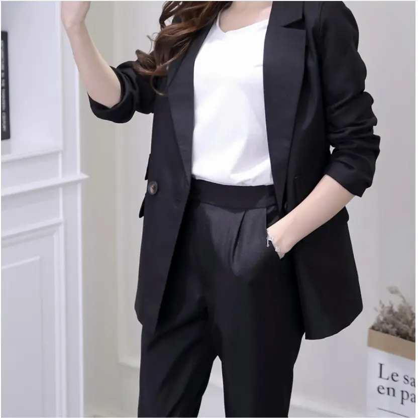 Women Suit Gray Casual Blazer & High Waist Pant Office Lady Notched Jacket Pant Suits Korean Femme 2 pieces set