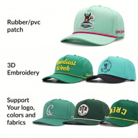 Gorra de Béisbol Personalizada OEM de 5 Paneles con Parche de Goma PVC, Impermeable, con Orificios Cortados con Láser, Gorra de Golf de Poliéster con Cuerda