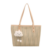 Tas Tote Rajut Tweed Vintage Grosir Pabrik, Gantungan Awan Bulu Lucu, Kapasitas Besar, Tas Selempang Belanja Kasual Wanita