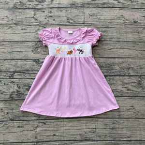 Robe d'été pour bébé fille GSD3578, imprimé animaux violets, manches courtes, longueur genou, respirante, vente en gros - Product Image 1