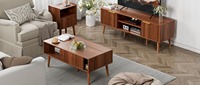 Service OEM : Ensemble de 3 tables de salon en noyer cannelé de style Mid-Century, comprenant un meuble TV, une table basse et une table d'appoint