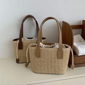 Straw Woven <b>Mini</b> Tote <b>Bag</b> Drawstring Closure Soft Weaving Summer Women's Handbag Casual Everyday Use Apricot Brown <b>Black</b> - Product Image 1