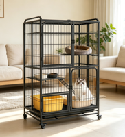 Grande cage modulaire pliable noire pour chat avec base à roulettes verrouillable, étagères multi-niveaux, jouet suspendu, lit doux, boîte simple et solide, cadre en fer