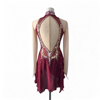 Robe de patinage artistique rouge bordeaux à col montant, dos nu, manches longues en maille, découpes ornées de strass pour enfants et adultes, idéale pour la compétition et les spectacles