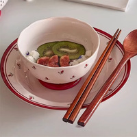 Bols et assiettes à salade en céramique à motif végétal rétro style Ins - Vaisselle domestique compatible micro-ondes Nouvelle collection 2026