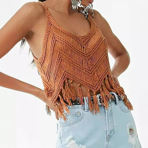 Haut tricoté à franges pour femmes, couleur ambre, SMLXL, style plage, vêtements d'été - Product Image 1