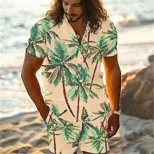 Conjunto de Camisa con Cuello Cubano y Pantalones Cortos con Estampado de Palmeras Tropicales para Hombre, Ropa de Vacaciones, Logotipo Personalizado, Marca Privada OEM - Product Image 3