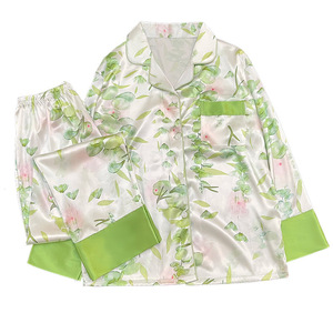 Fashion Hot Light Luxury <strong>Green</strong> Leaves Floral Ice <strong>Silk</strong> Feel Women's Loungewear Spring Lapel Cardigan Long-sleeved Trousers Suit - Product Image 1