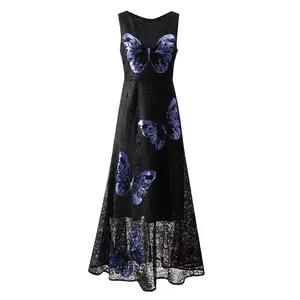 Sequined Lace long Dress 2024 Spring Evening Party Women Butterfly Patterns Sexy Sleeveless Long Maxi Dress Special Occasion XXL