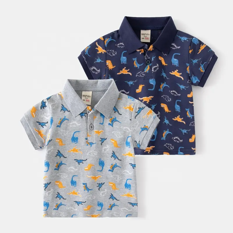Kaus polo lengan pendek anak laki-laki, T-shirt lengan pendek motif penuh dinosaurus bayi musim panas 2023