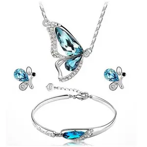 厂家热卖时尚蓝宝石项链手链耳环套装优雅水晶蝴蝶饰品套装女女童礼品礼品