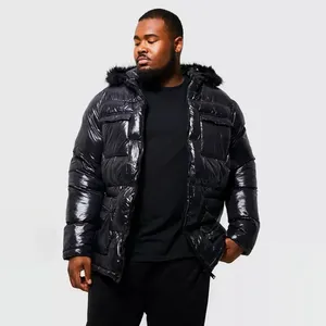 High Shine 4 Pocket Fur Hood Puffer Mens Plus Size Parka Winter Jacket