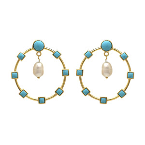 Most Selling Gold Plated Brass <b>Turquoise</b> and Pearl Big Round Multi Stone <b>Stud</b> <b>Earrings</b> for Women - Product Image 2