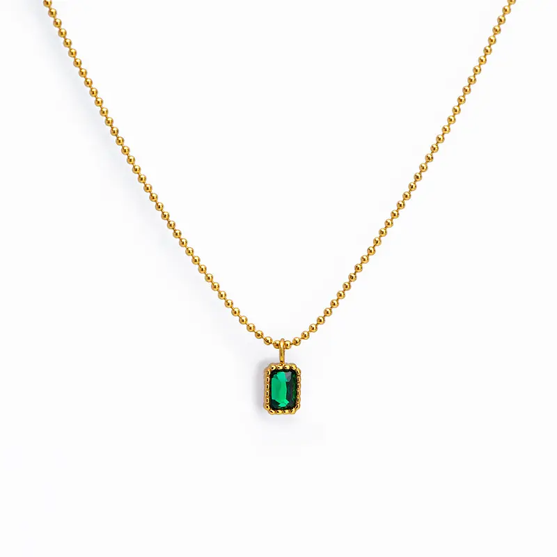 Vintage Gold Filled Emerald Crystal Necklace Stainless Steel Green Cubic Zirconia CZ Square Choker Necklace