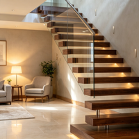 Nouveau produit d'escalade : Escalier intérieur à poutre unique, marches en bois massif, escalier flottant en bois foncé