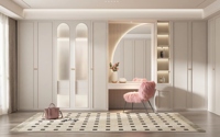Armoire autoportante crème avec coiffeuse intégrée et éclairage LED, meuble de rangement moderne pour chambre, appartement, centre commercial