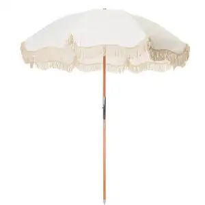 مظلة شاطئ جديدة BR مقاس 6 قدم 7 قدم من عمود خشبي محمول فاخرة بحواف مع شرابات، مظلة شمس بوهيمية مميزة خارجية للفناء تصلح للطاولة