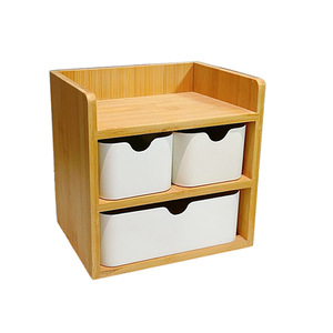 Bamboo Wood Desktop <b>Storage</b> <b>Box</b> 3 Tier <b>Drawer</b> Organizer White Rectangle Standing Type Office Desk Study Table Organizer - Product Image 5