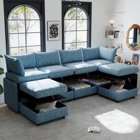 Canapé modulaire en tissu 6 places convertible avec rangement intégré et siège-lit réglable en mousse pour appartement et salon en forme de L
