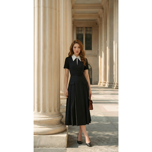 Vestido midi negro formal para mujer, listo para enviar, con cuello blanco, falda plisada y cinturón para el trabajo, al mejor precio, directo de fábrica. - Product Image 1