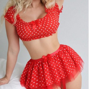 Ensemble Deux Pièces <span class=keywords><strong>Lingerie</strong></span> <span class=keywords><strong>Sexy</strong></span> à Pois Épaules Dénudées Type Jupon, en Stock Usine, Vente en Gros - Product Image 4