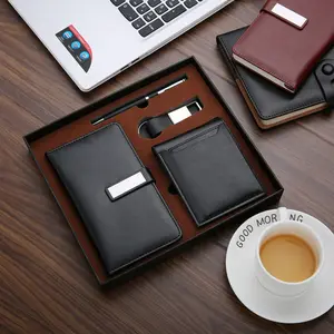 New arrival Promotional 4 in 1 wallet+ key chain + Pen + notebook corporate gift set corporate gift set mens gift box set